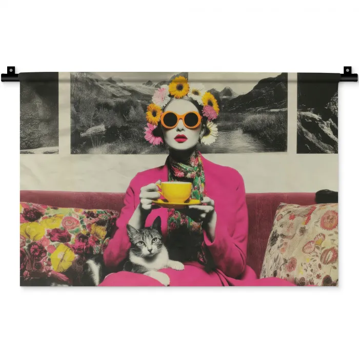 Vrouw - Kat - Bloemen - Kopje - Retro Wandkleed katoen klein -zz3d