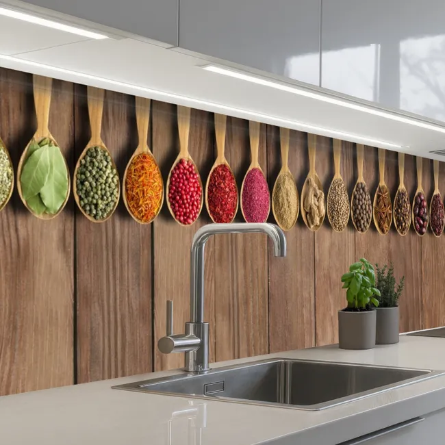 Keuken achterwand - Lepels - Kruiden - Hout