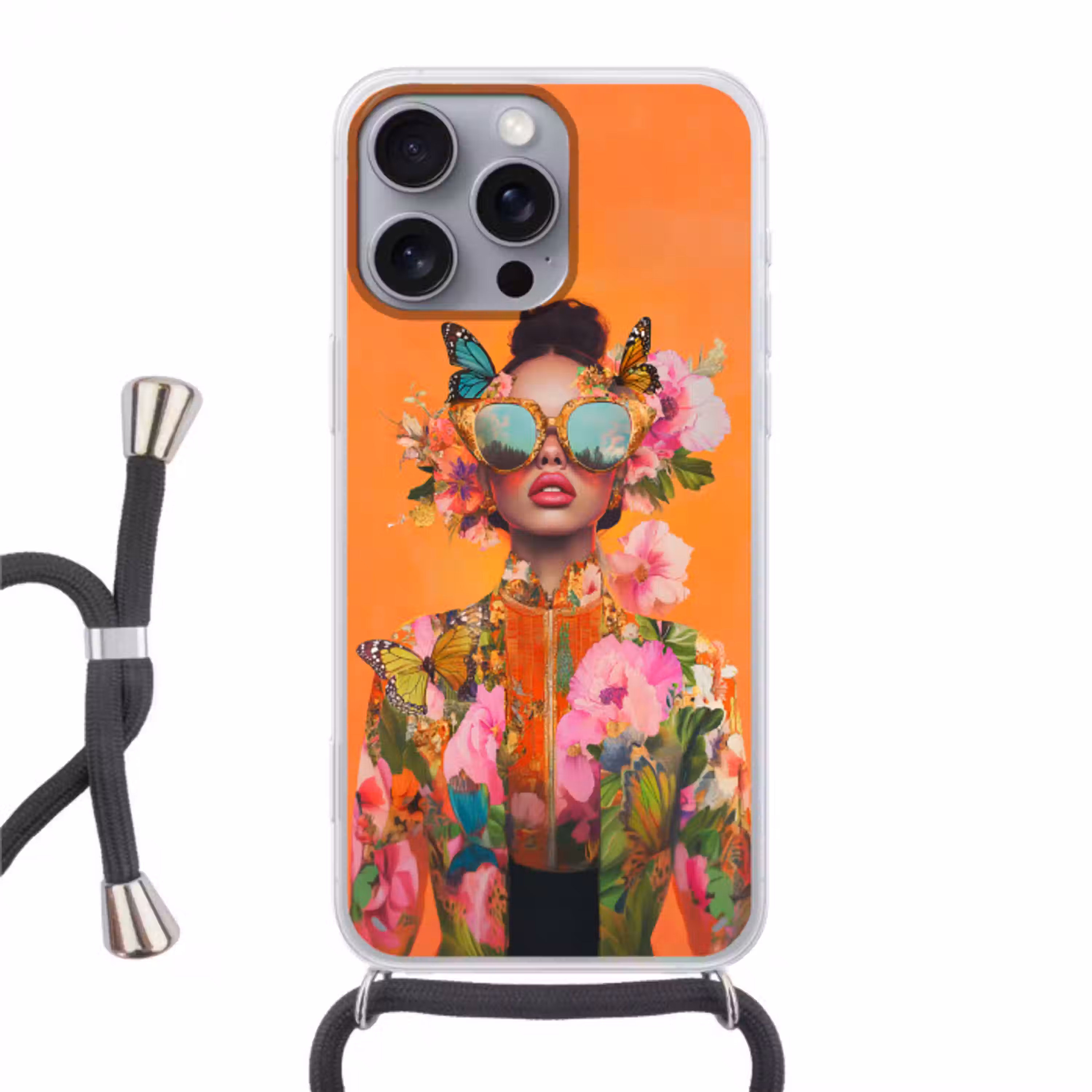 Vlinders - Vrouw - Zonnebril - Kleurrijk Hoesje iPhone 16 Pro Max met koord klein -3d