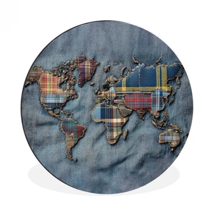 Wereldkaart - Denim - Textiel Wandcirkel aluminium klein -3d