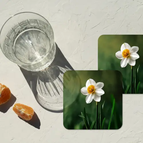 Narcis - Bloem - Wit - Grassprieten onderzetter kurk middel -sfeer4