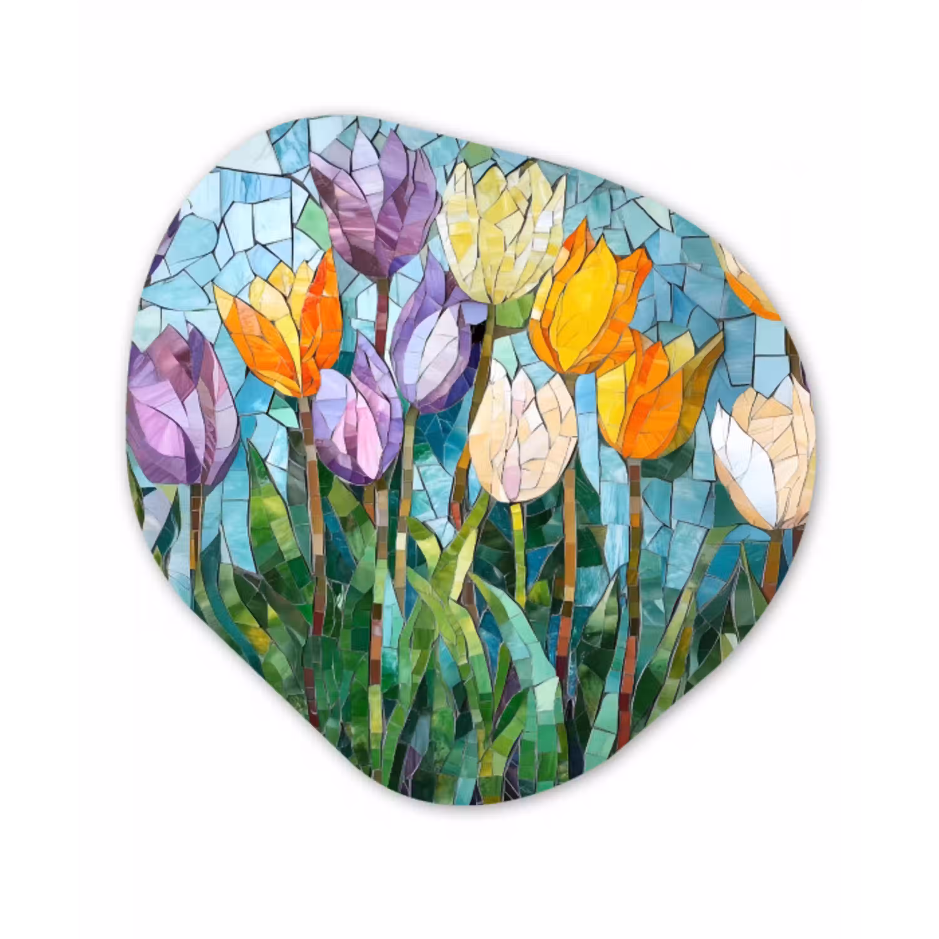 Mozaïek - Veld - Tulpen - Kleurrijk Wandcirkel Organisch Plexiglas middel -3d