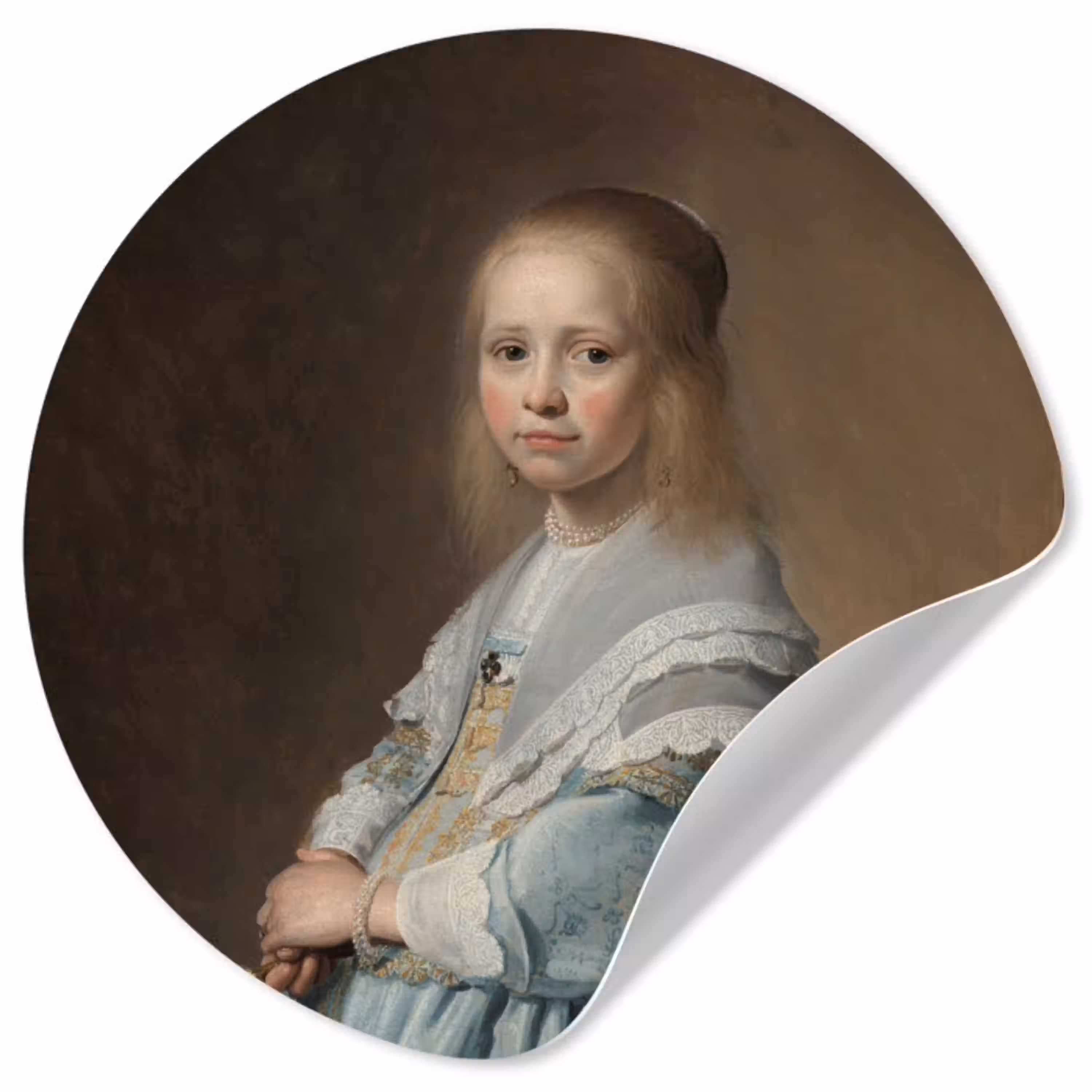 Portret van een meisje in het blauw - Schilderij van Johannes Cornelisz. Verspronck Wandcirkel behangsticker klein -3d