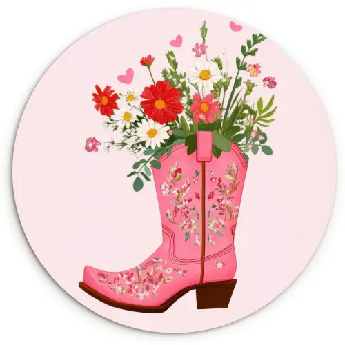 Cowboylaarzen - Roze - Boeket - Bloemen Wandcirkel plexiglas klein -3d