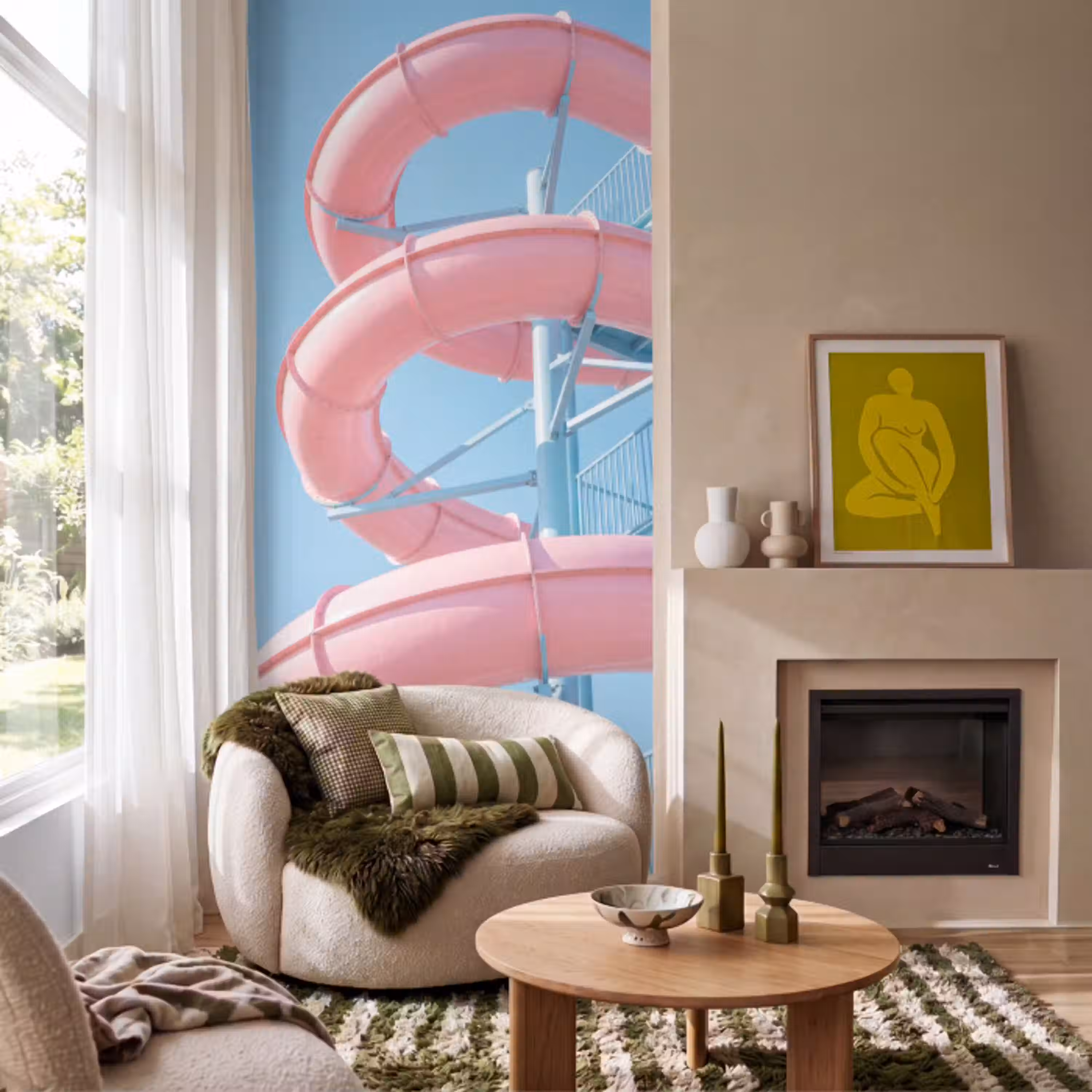 Glijbaan - Waterpark - Spiraal - Modern - Roze Behang Vlies klein -sfeer2