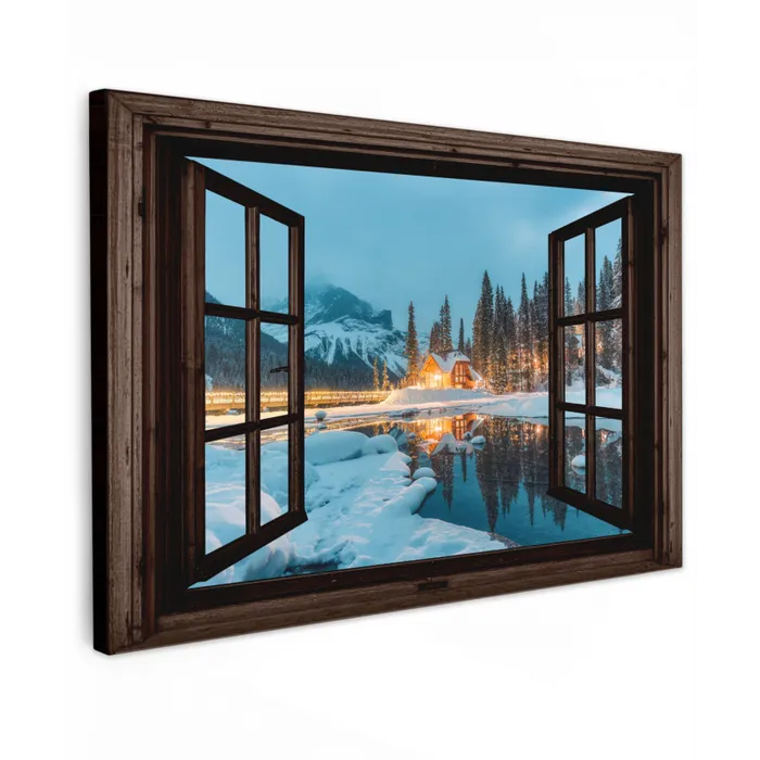 Doorkijk - Winter - Landschap - Natuur - Huis - Bergen Tuinposter op houten frame 2 cm dik klein -3d