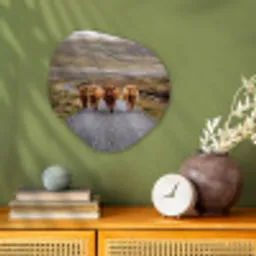 Schotse Hooglanders - Weg - Landschap - Kudde Wandcirkel Organisch Forex 3mm klein -sfeer2