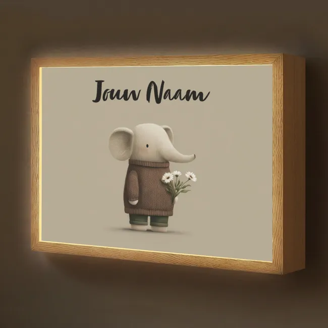 Lightbox - Wandlamp kinderkamer met naam - Olifant - Witte bloemen - Kindvriendelijk