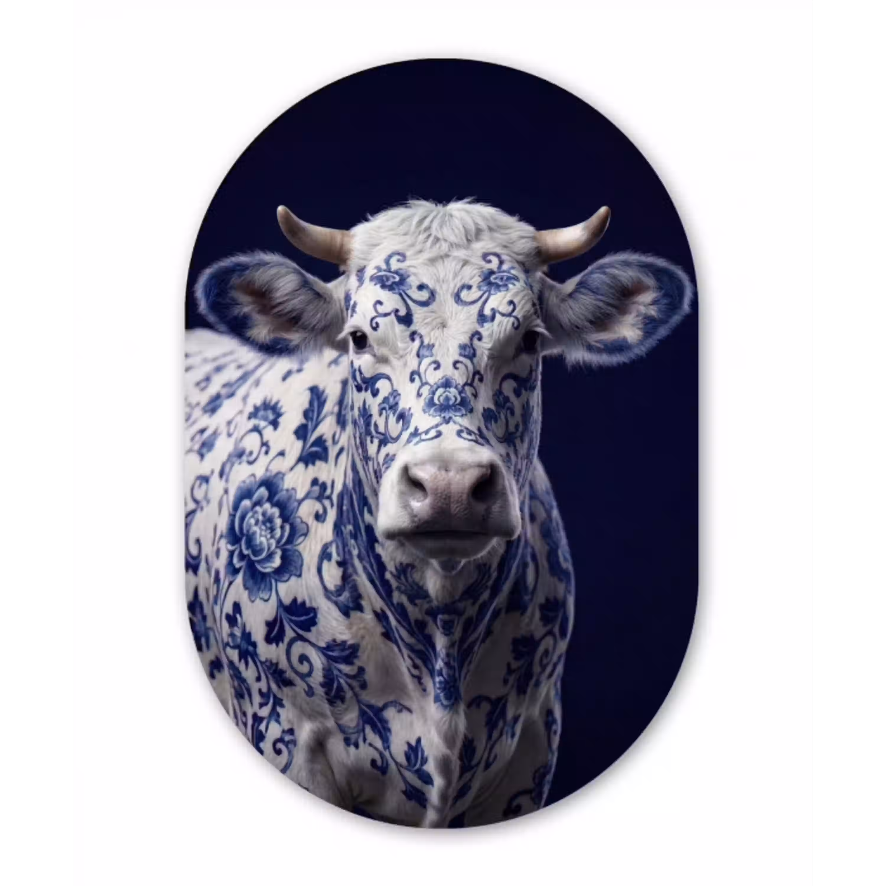 Koe - Delfts - Blauw - Artistiek Wandcirkel Ovaal Aluminium middel -3d