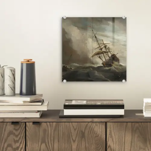 Een schip in volle zee bij vliegende storm - Schilderij van Willem van de Velde plexiglas 5mm klein -sfeer1