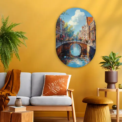 Stad - Gracht - Zon - Fietsen Wandcirkel Ovaal Glas middel -sfeer4