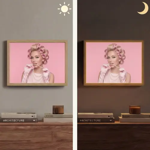 Vrouw - Roze - Parelketting - Krulspelden Light Box met batterij (Wandlamp) middel -sfeer3