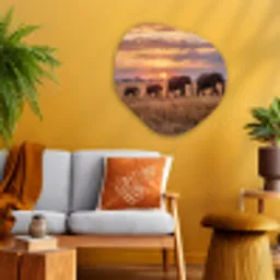 Olifanten - Savanne - Zonsondergang - Afrika - Warm Wandcirkel Organisch Aluminium middel -sfeer4