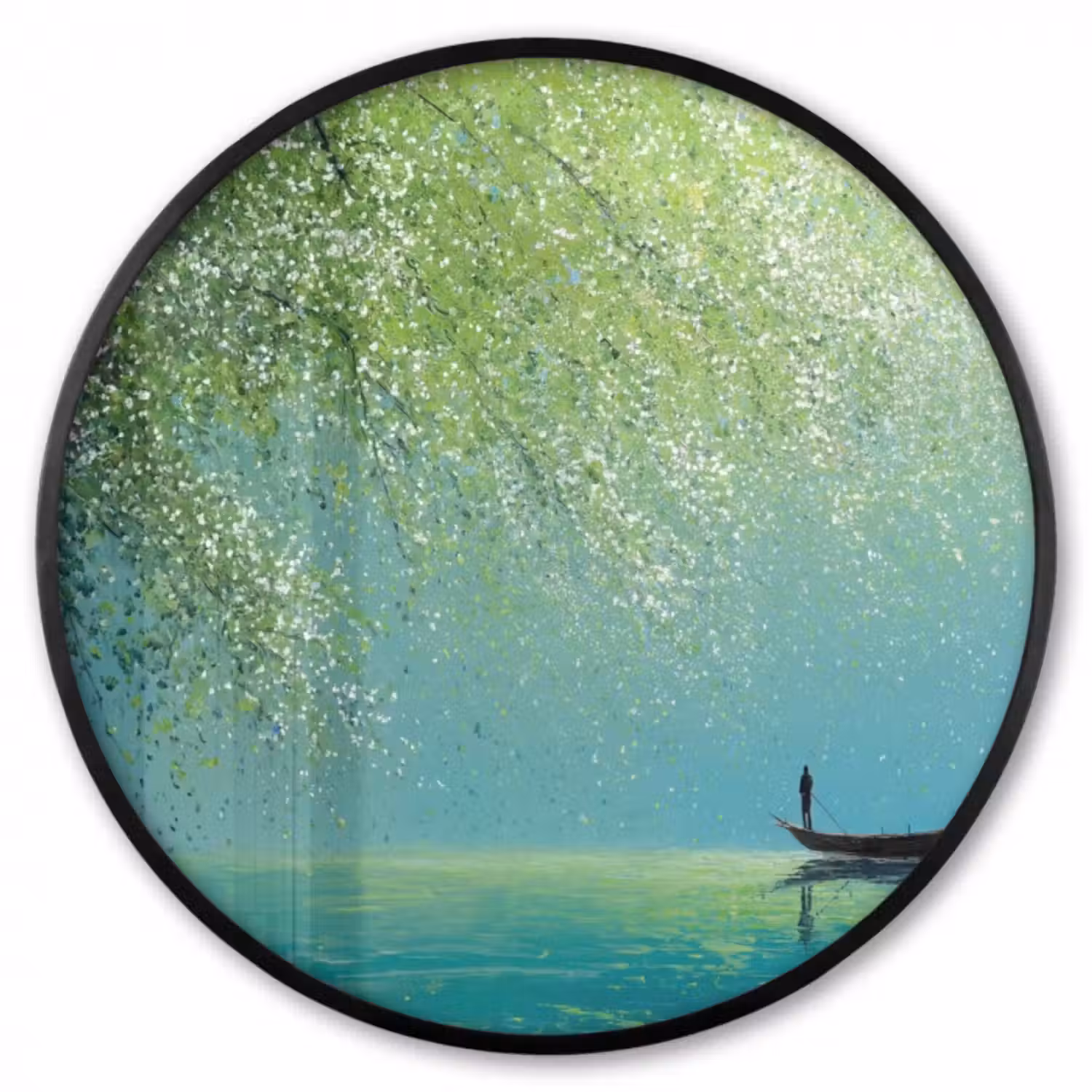 Poster im Rahmen Rund - Boot - Wasser - Blätter - Blüten