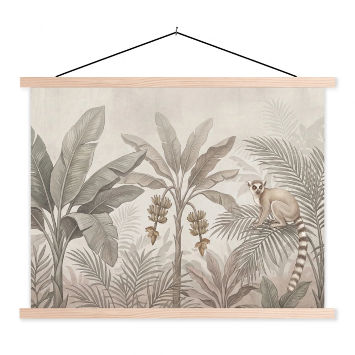 Natuur - Jungle - Ringstaartmaki - Bruin textielposter latten blank klein -3d