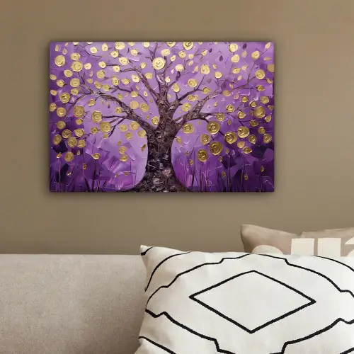 Levensboom - Boom - Paars - Goud - Modern canvas 2cm klein -sfeer3