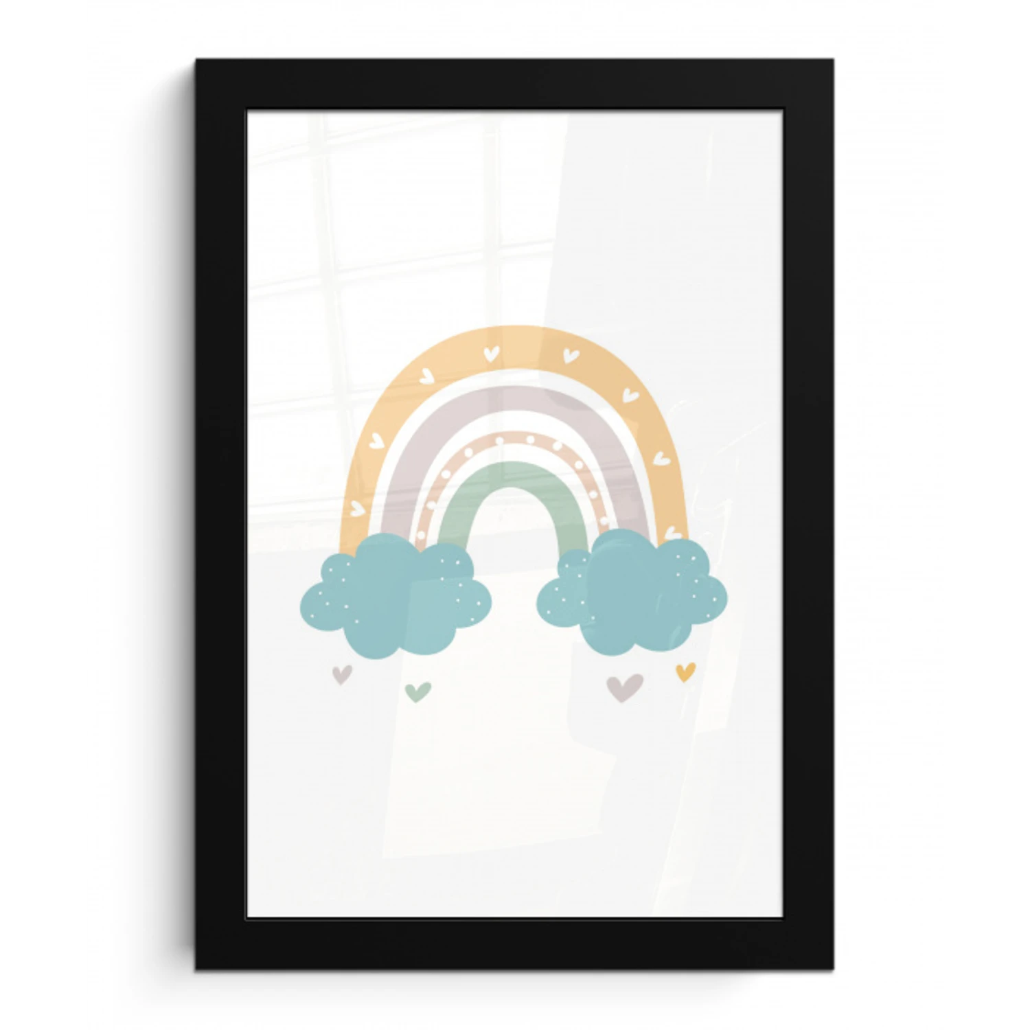 Regenboog - Hartjes - Wolken - Stippen - Pastel - Kinderen fotolijst zwart zonder passe partout klein -3d