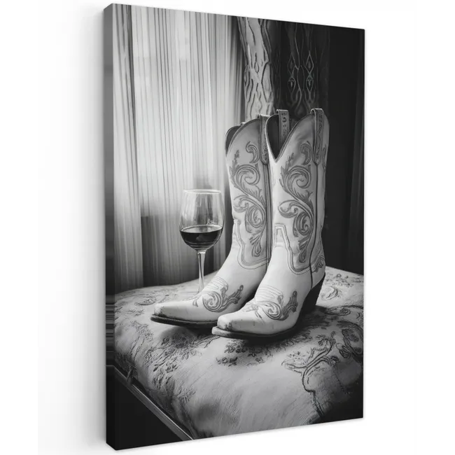 Wijn - Cowboylaarzen - Raamlicht - Wit Tuinposter op houten frame 2 cm dik klein -3d