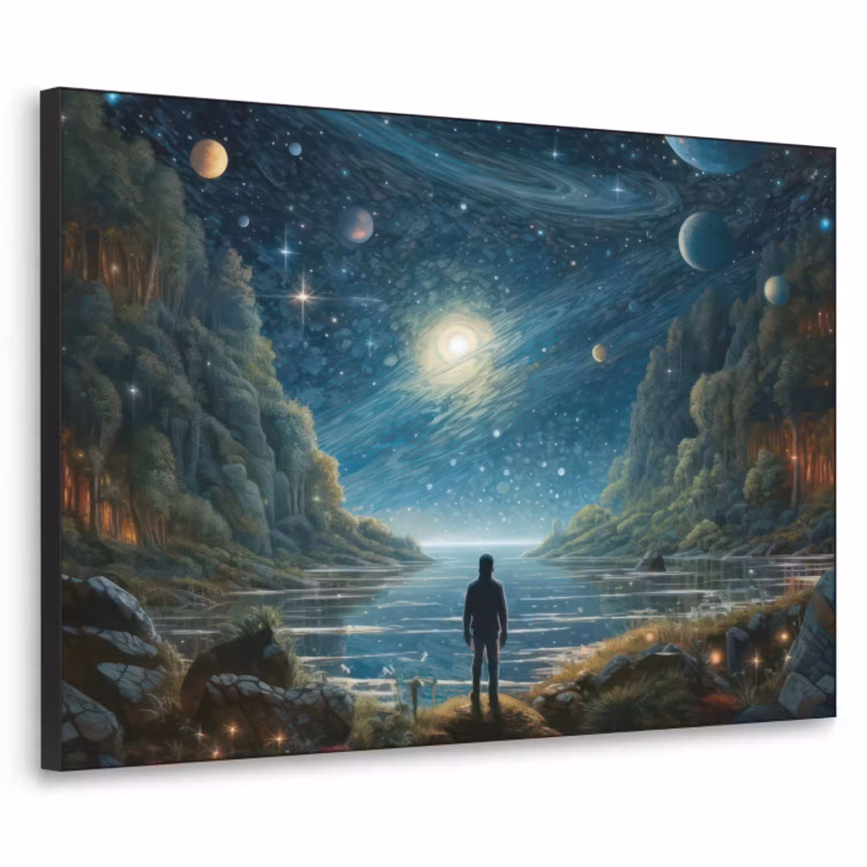 Gebergte - Water - Maan - Sterren Textielframe zwart klein -3d