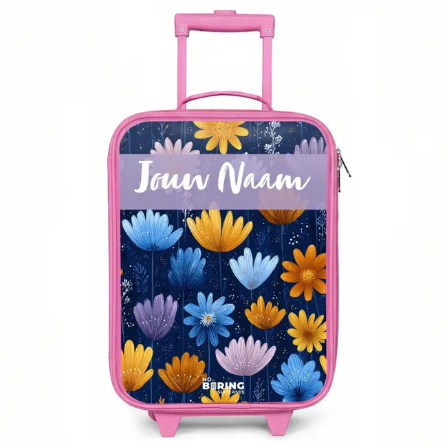 Kinderkoffer met naam - Roze - Bloemen - Patroon - Blauw