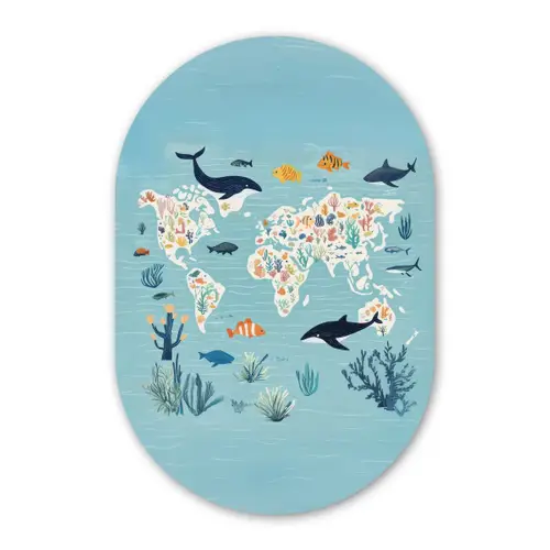 Wereldkaart - Zeeleven - Blauw Wandcirkel Ovaal Glas middel -3d