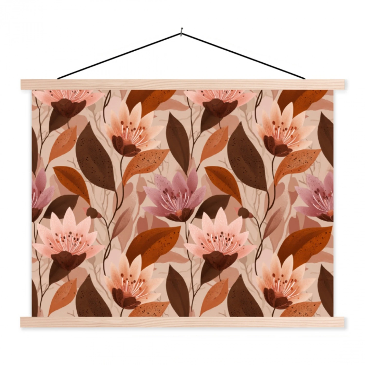 Bloemen - Bladeren - Bruin textielposter latten blank klein 122 -3d