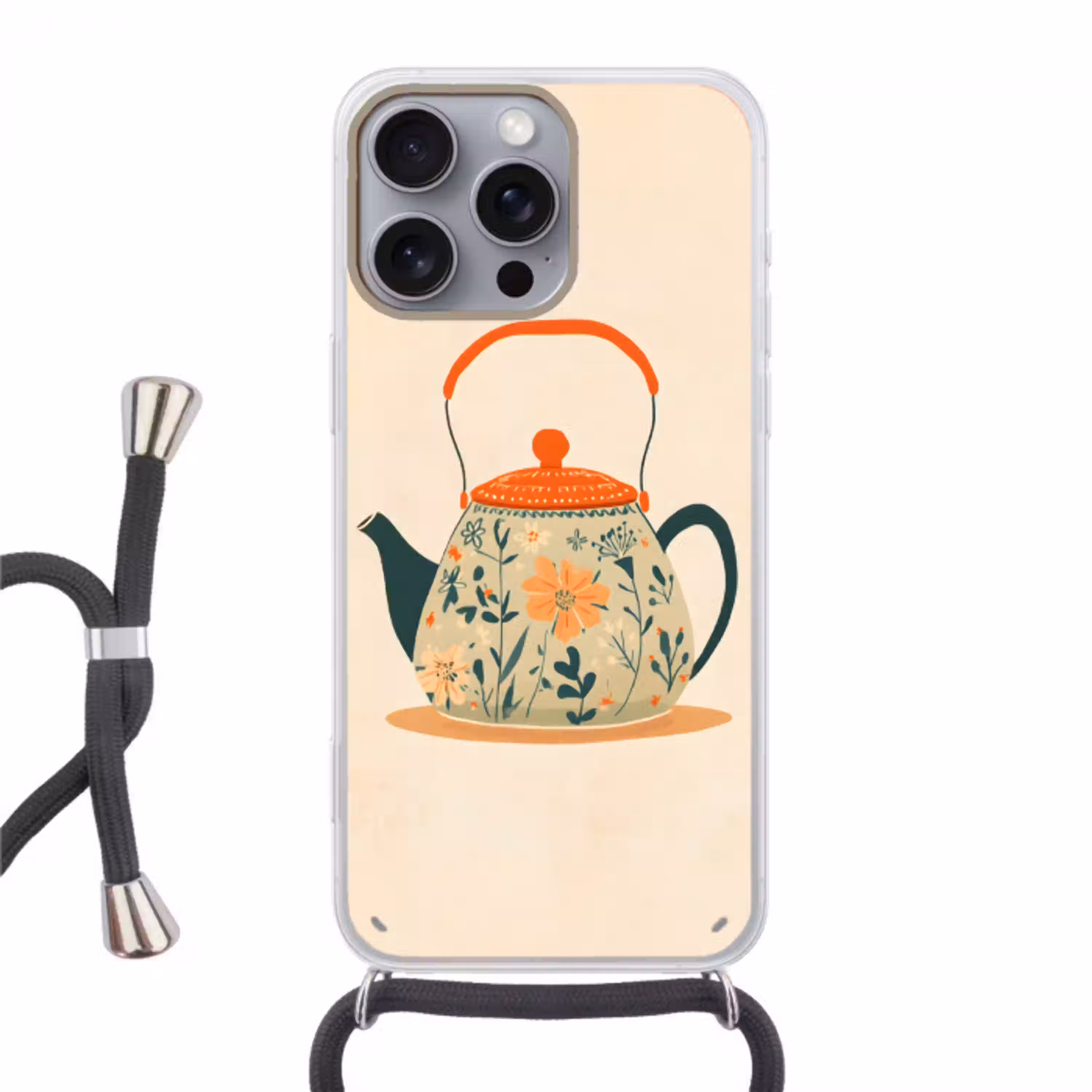 Oranje - Theepot - Bloemen - Bladeren Hoesje iPhone 16 Pro Max met koord klein -3d