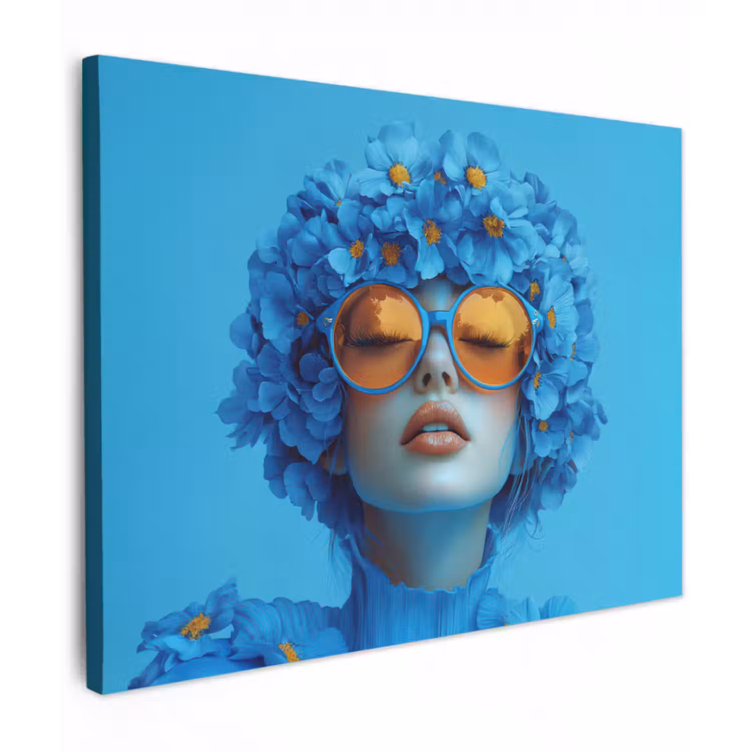 Canvas schilderij - Vrouw - Bloem - Blauw - Modern - Bril - Portret