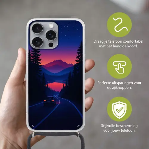 Auto - Donkere dennenbomen - Zonsondergang Hoesje iPhone 16 Pro Max met koord klein -sfeer2_NL