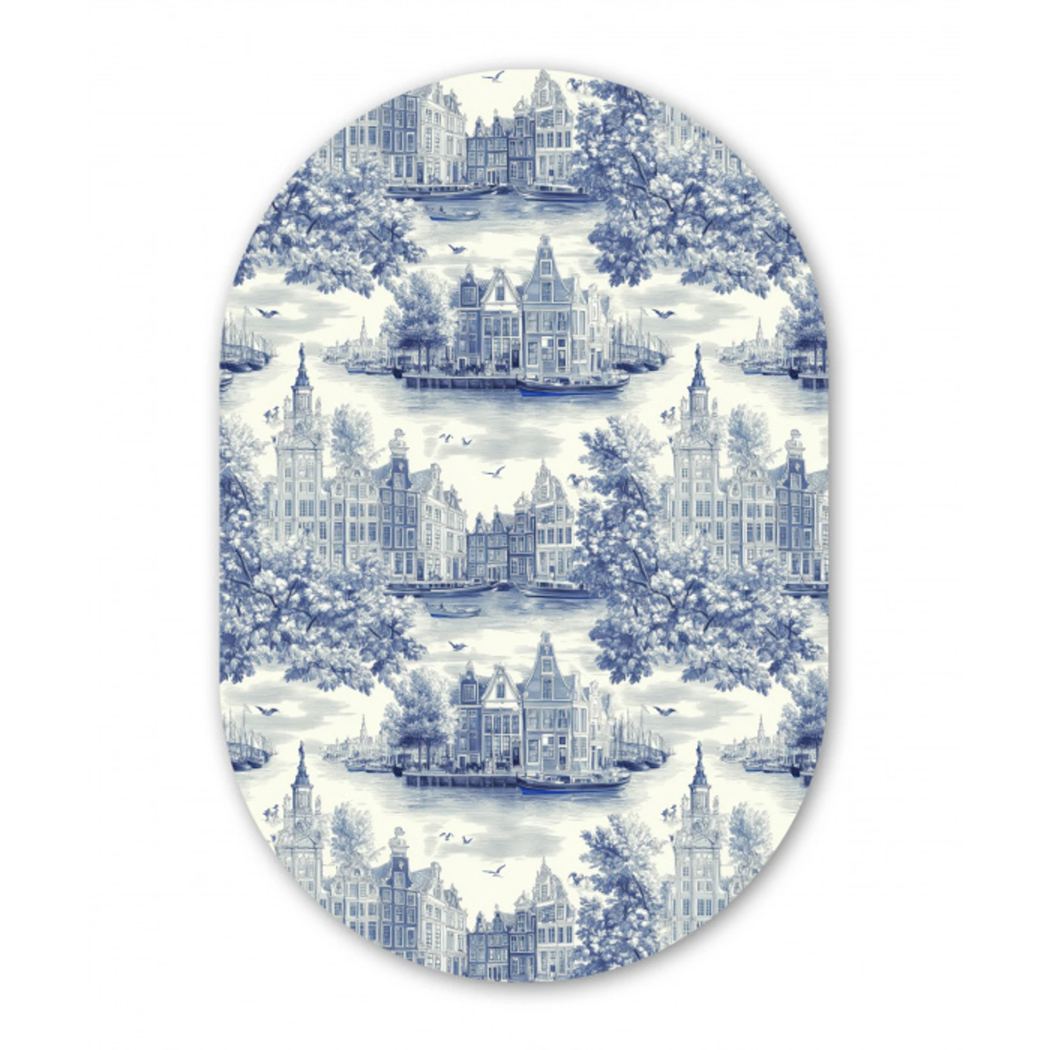 Huizen - Bomen - Water - Vogels - Blauw Wandcirkel Ovaal Aluminium middel 839 -3d