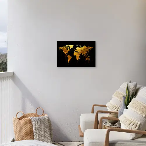 Wereldkaart - Goud - Druipen - Zwart Tuinposter op houten frame 2 cm dik klein -sfeer1