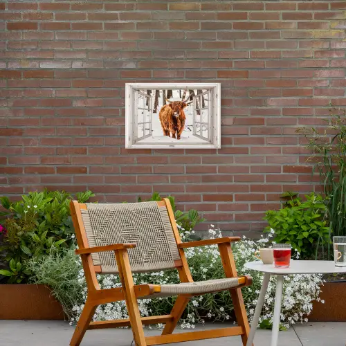 Schotse Hooglander - Sneeuw - Winter - Natuur - Dier - Doorkijk - Landelijk Tuinposter op houten frame 2 cm dik klein -sfeer3