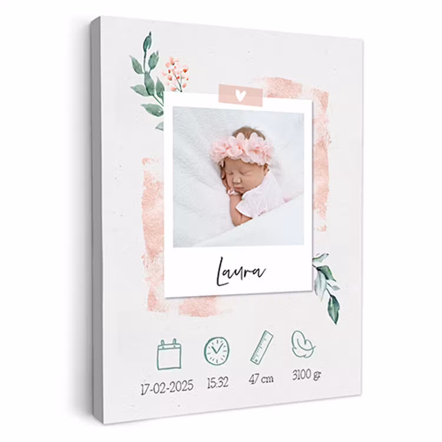 Geboorteposter foto roze op canvas