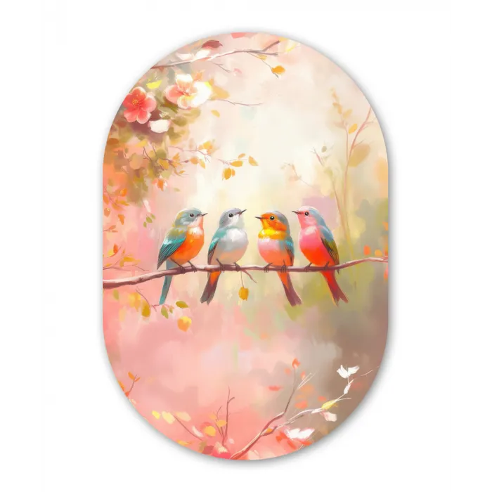 Vogels - Kleurrijk - Tak Wandcirkel Ovaal Glas middel -3d