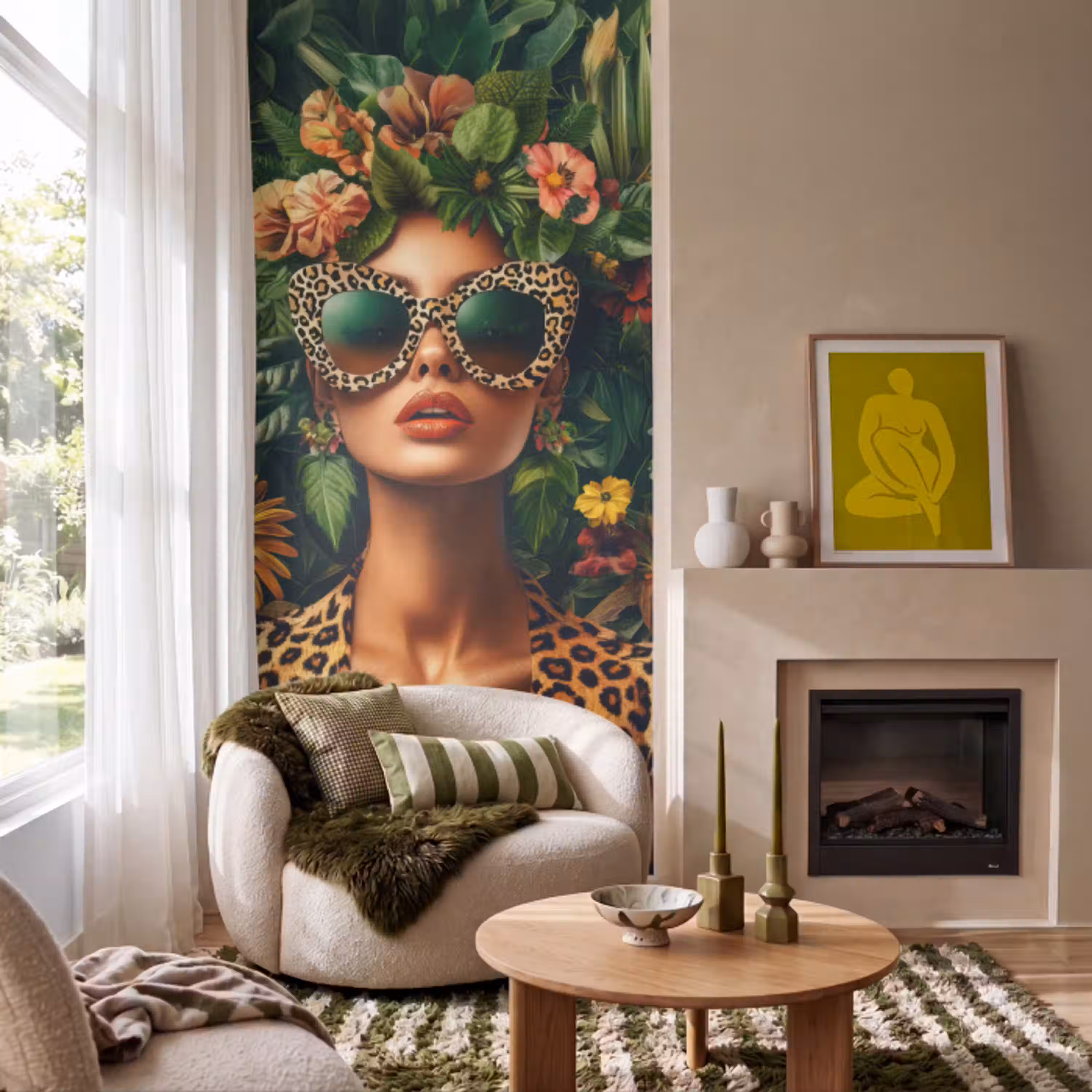 Vrouw - Panterprint - Jungle - Natuur - Luxe Behang Vlies klein -sfeer2