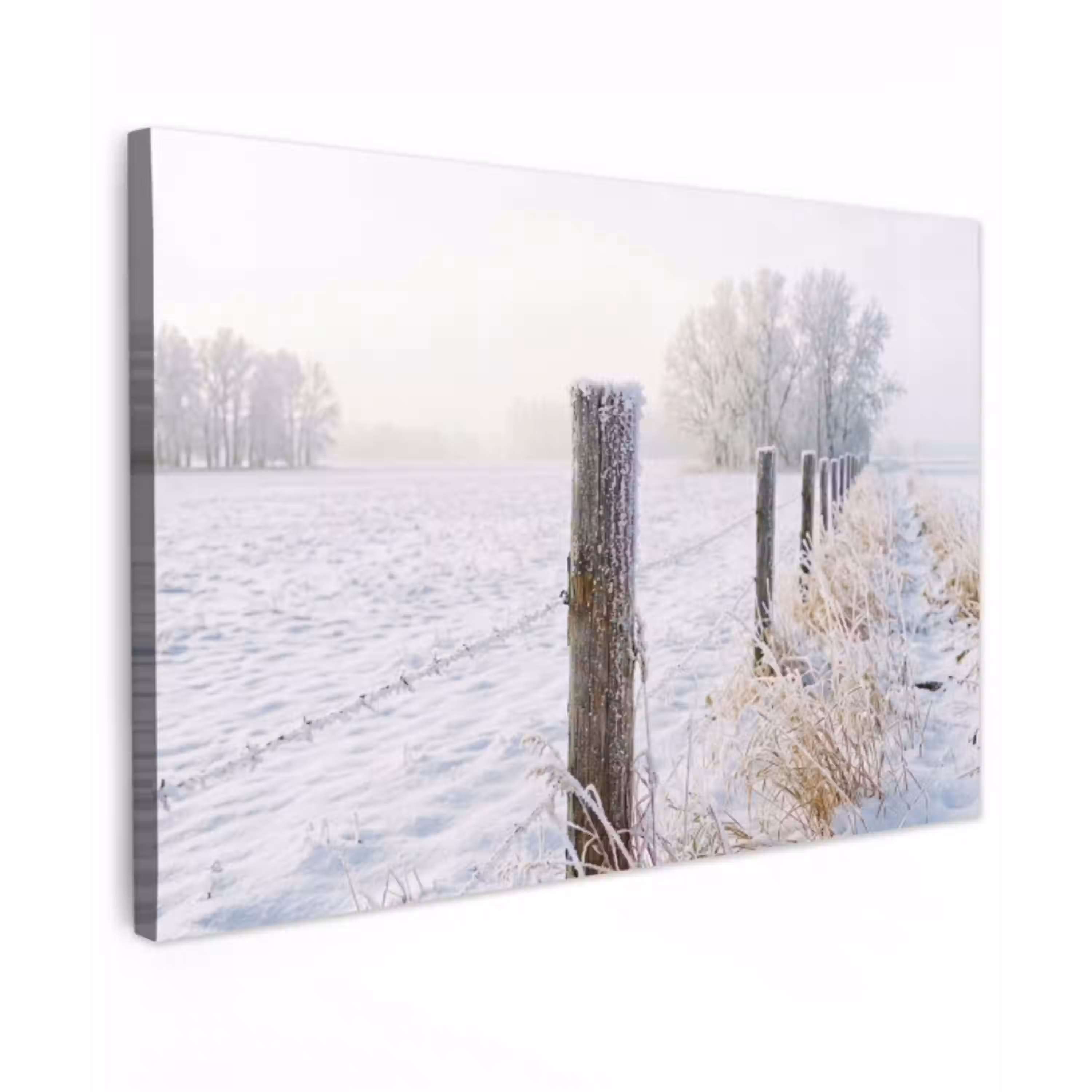 Hek - Sneeuw - Mist - Platteland - Nostalgisch Tuinposter op houten frame 2 cm dik klein -3d
