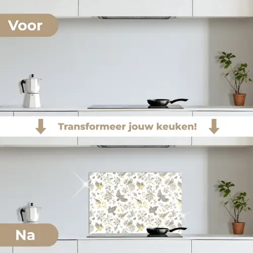 Birds - Flowers - Gray - Yellow keuken achterwand spatscherm klein 900 -voor_na_NL