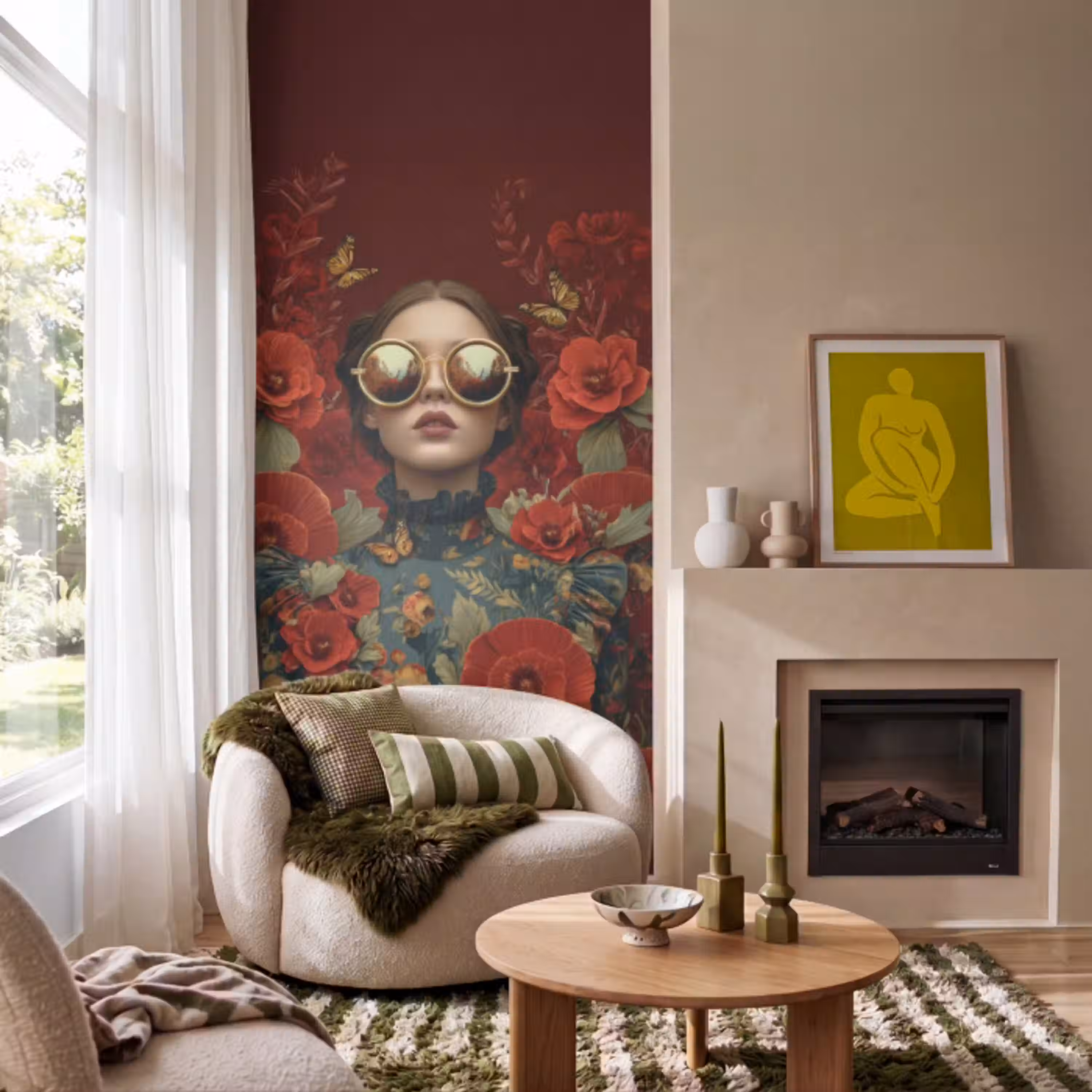 Bloemen - Dieprood - Zonnebril - Vrouw Behang Vlies klein -sfeer2