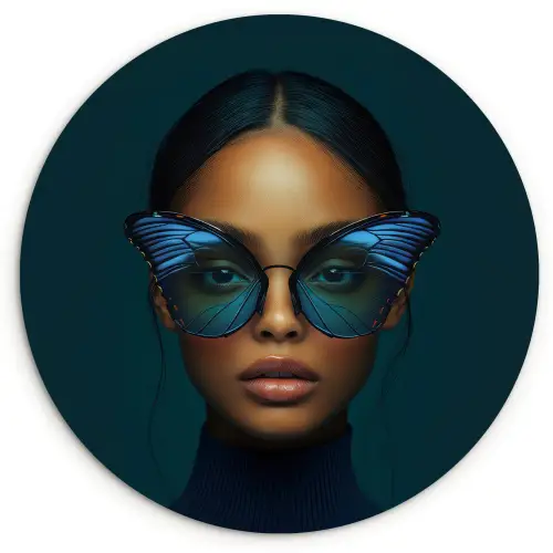 Vrouw - Vlinder - Bril - Blauw - Modern - Portret Wandcirkel kunststof plaat 5mm dik klein -3d