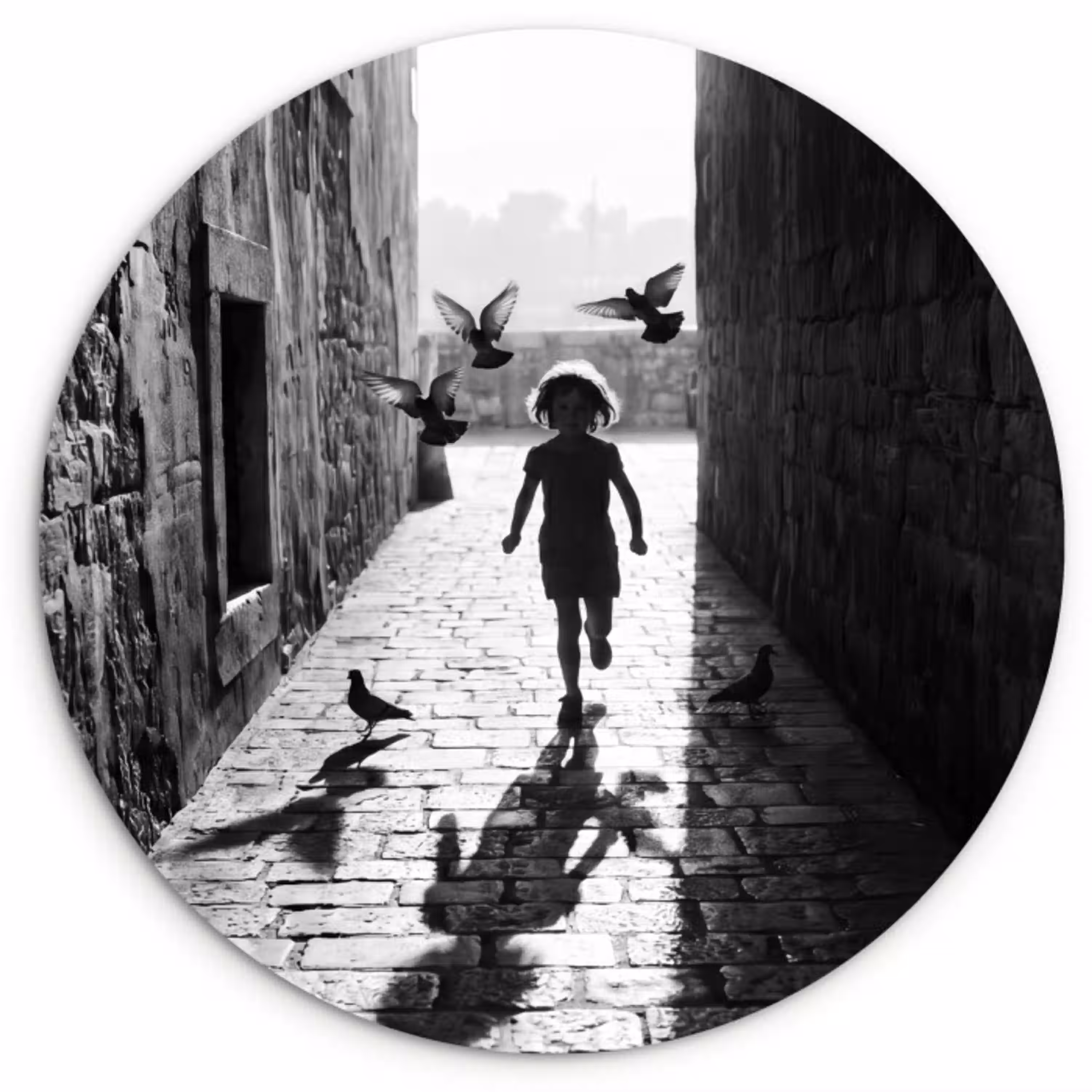 Kind - Vogel - Straat - Zwart-wit - Spelen Wandcirkel kunststof plaat 5mm dik klein -3d