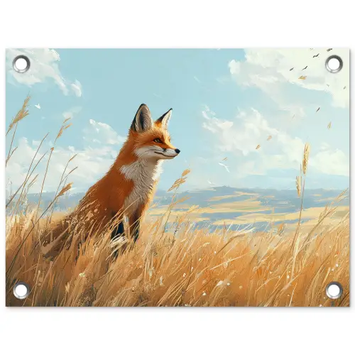 Vos - Gras - Wolken - Oranje tuinposter los doek klein -3d