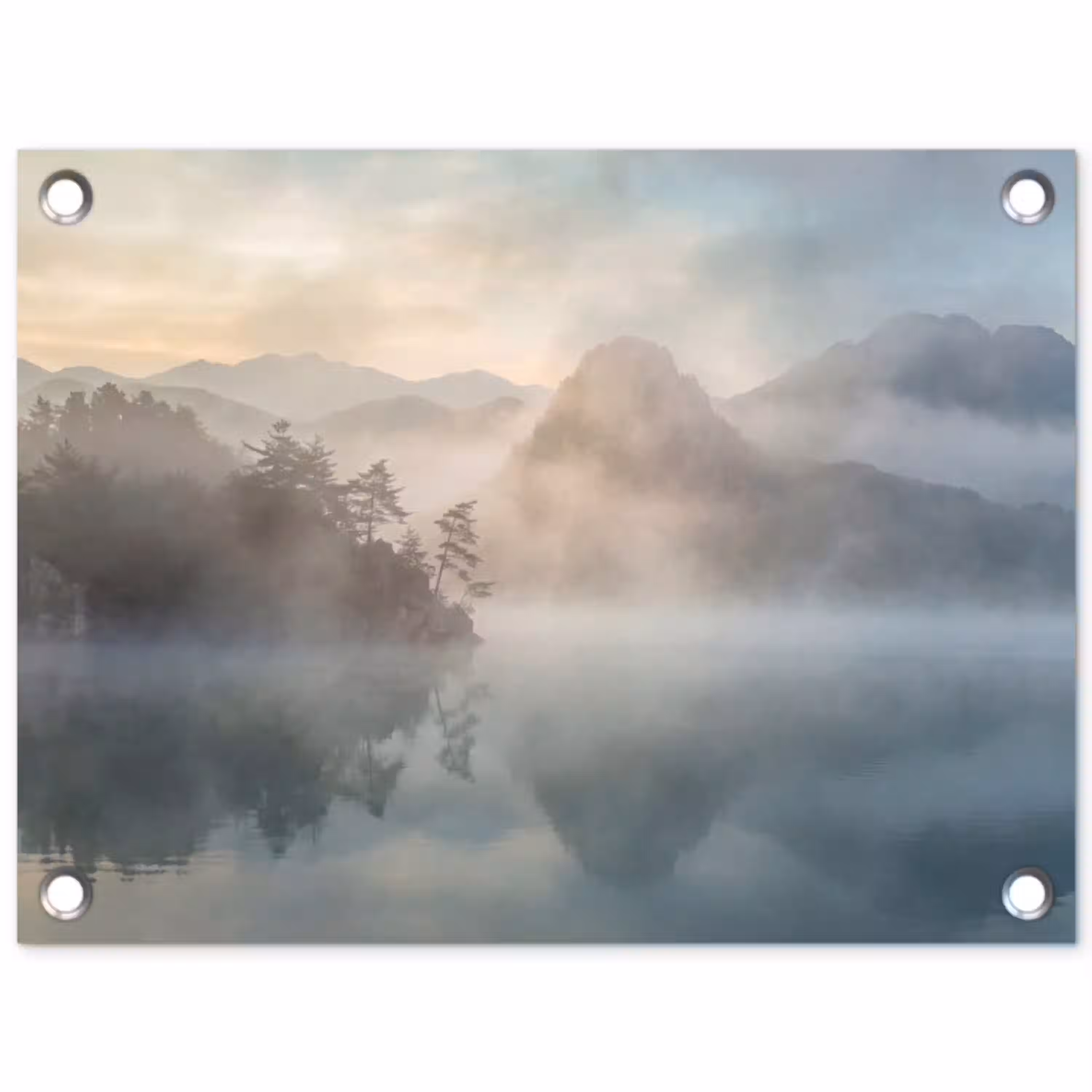 Landschap - Bergen - Mist - Water - Natuur tuinposter los doek klein -3d