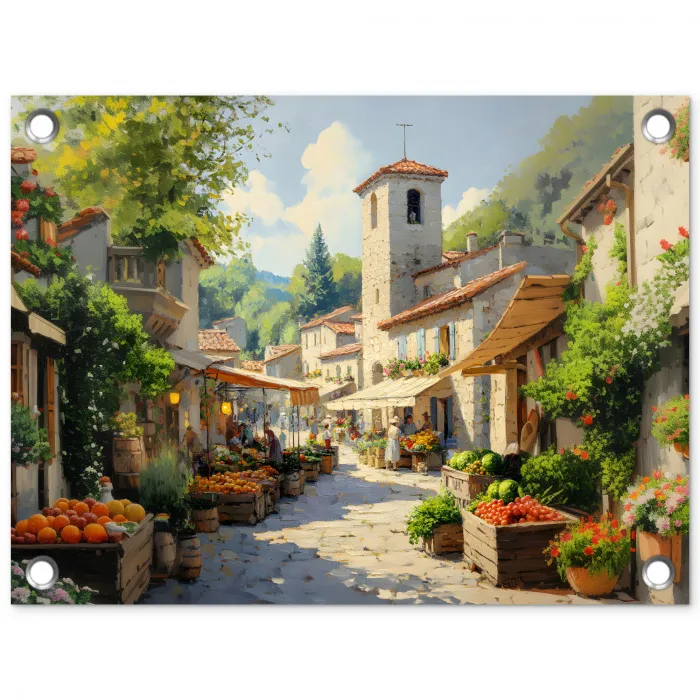 Dorp - Zon - Kraampjes - Huizen tuinposter los doek klein -3d
