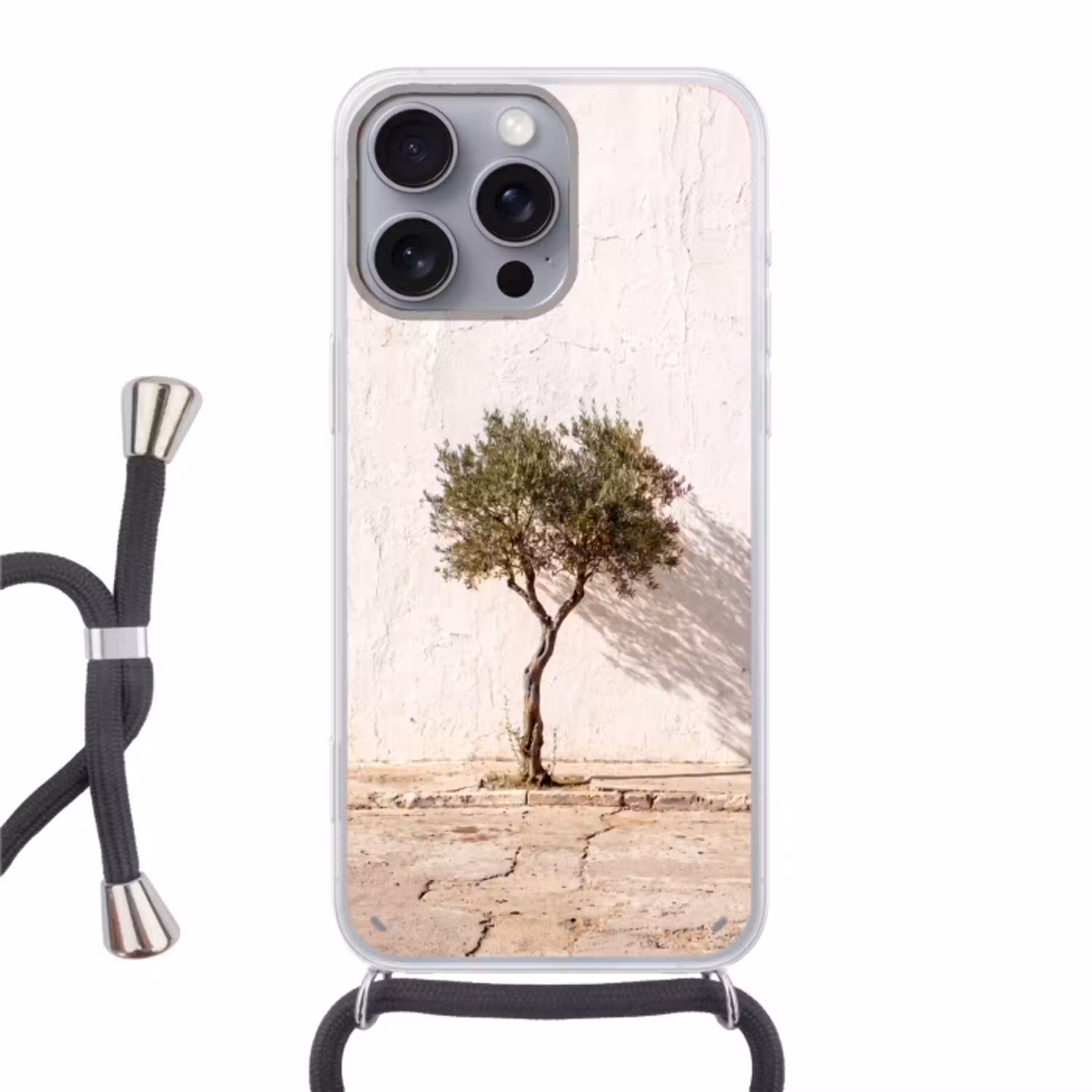 Olijfboom - muur - wit Hoesje iPhone 16 Pro Max met koord klein -3d