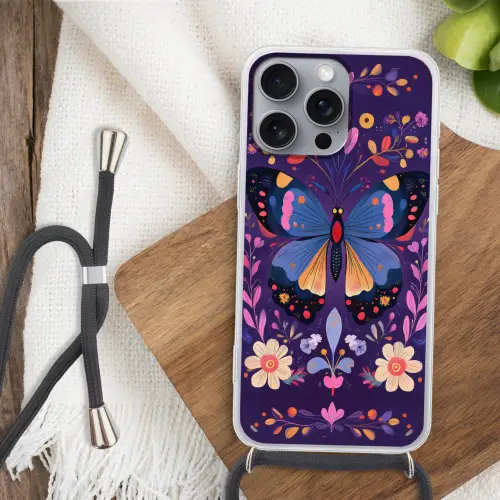 Sierlijk - Bloemen - Vlinder - Paars Hoesje iPhone 16 Pro Max met koord klein -sfeer4