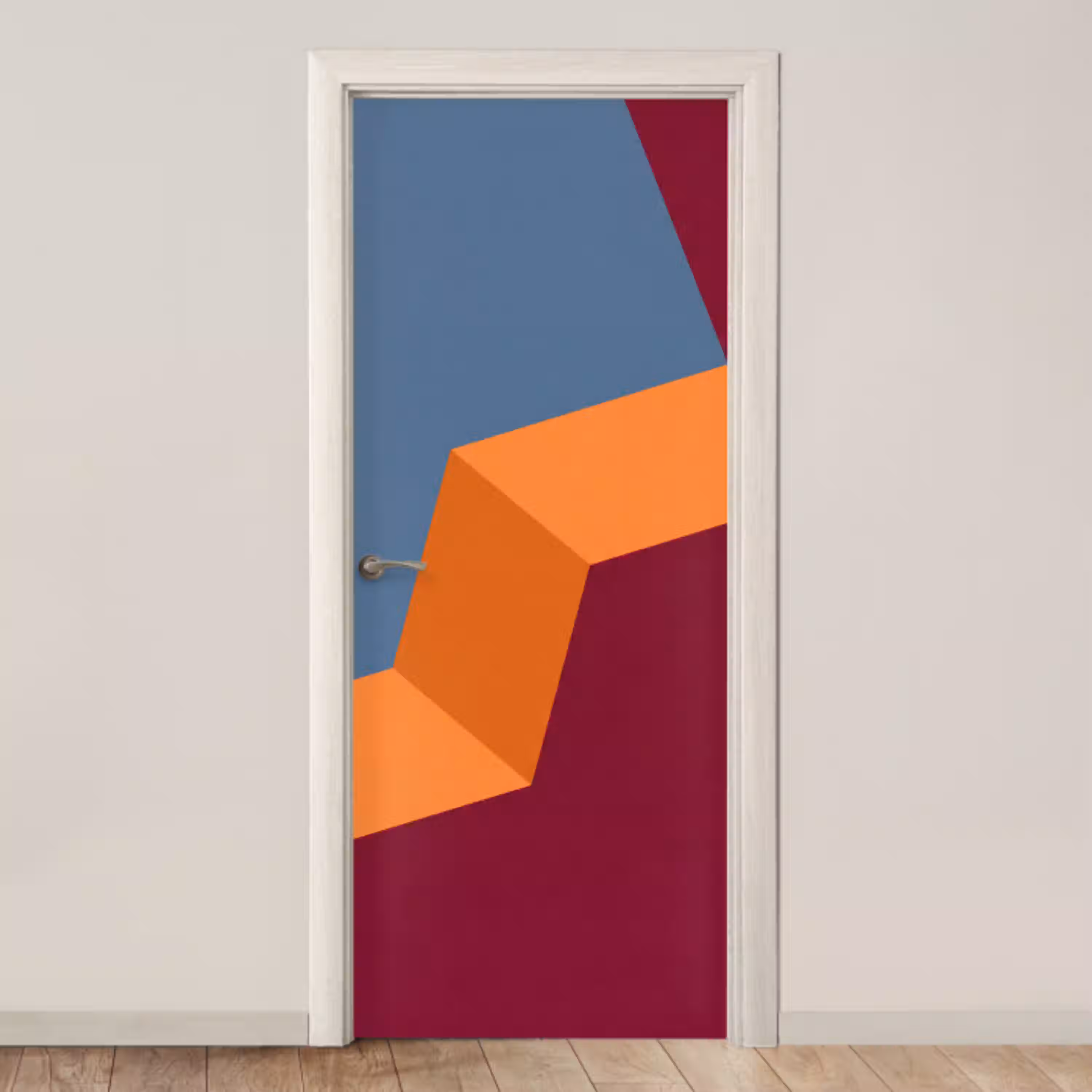 Abstract - Vormen - Modern - Blauw - Oranje deurposter klein -3d_beige