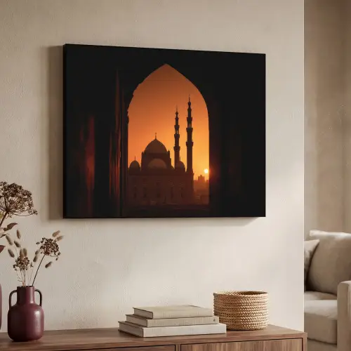 Moskee - Oranje lucht - Islamitisch Textielframe zwart klein -sfeer3