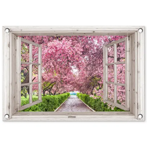 Uitzicht op Bloeiende Kersenbomen tuinposter los doek klein -3d