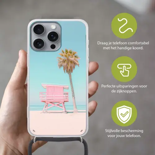 Palmboom - Strandhuis - Roze Hoesje iPhone 16 Pro Max met koord klein -sfeer2_NL