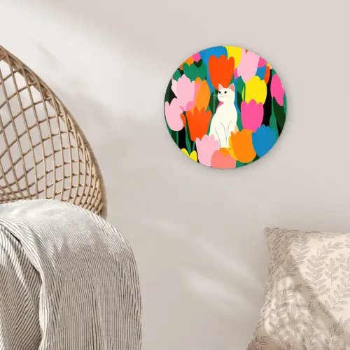 Tulpen - Kat - Kleurrijk Wandcirkel kunststof plaat 5mm dik klein -sfeer5